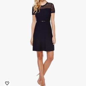 Calvin Klein Navy Blue XS Sweater Dress with textured sheer sleeves and belt